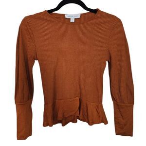 NWT Amour Vert | Size XXS Umber Morgan Rib Peplum Top Long Sleeve Quiet Luxury